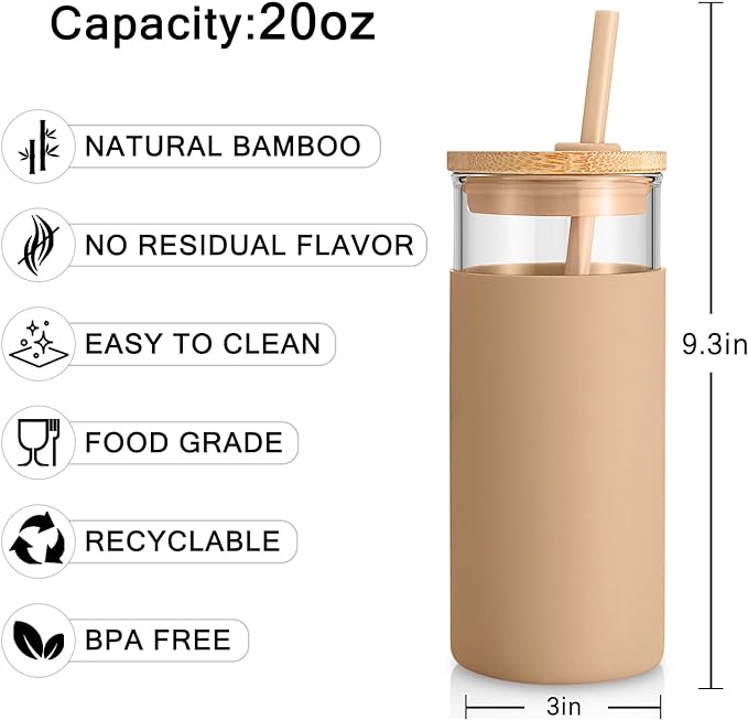 Tronco 20 oz Glass Tumbler with Lid and Straw, Iced Coffee Cup and Smoothie Cup with Bamboo Lids & Protective Silicone Sleeve, Dishwasher Safe, BPA-Free, Pink 1 Pack