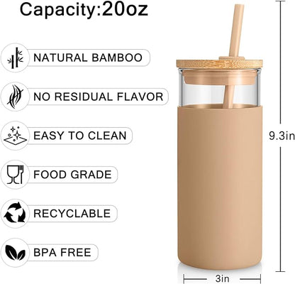 Tronco 20 oz Glass Tumbler with Lid and Straw, Iced Coffee Cup and Smoothie Cup with Bamboo Lids & Protective Silicone Sleeve, Dishwasher Safe, BPA-Free, Pink 1 Pack