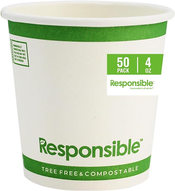 Responsible Products Certified Compostable 4 oz Paper Cups, Cold ＆ Hot Coffee Cups, Disposable Paper Cups, Extra Strength Disposable Cups, Made without PFAS (50 count)