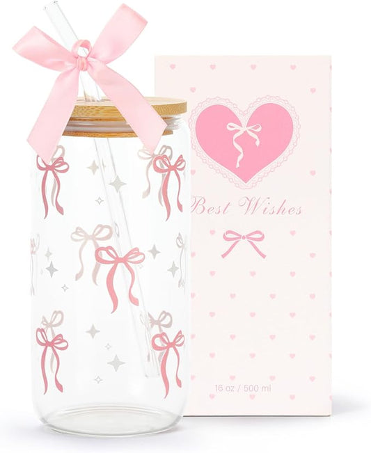Coquette Pink Bow Glass Cup with Lids and Straws, 16 oz Cute Glass Cup, Aesthetic Iced Coffee Tumbler with Gift Box Cleaning Brush for Teen Girls Gifts Trendy Stuff Women Girlfriends Gifts