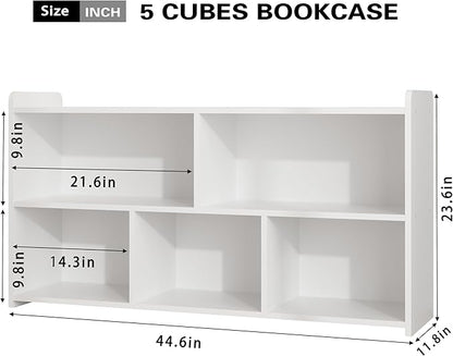 Book Shelf Set of 2, 5 Cubes Storage Organizer, Open Shelf Wooden Bookcase, Freestanding White Bookshelf Cube Shelf for Bedroom, Living Room, Home Office
