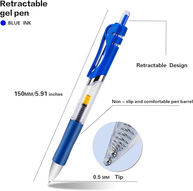 30pcs Blue Retractable Gel Ink Pens for Journaling, 0.5mm pens fine point smooth writing pens for Office school