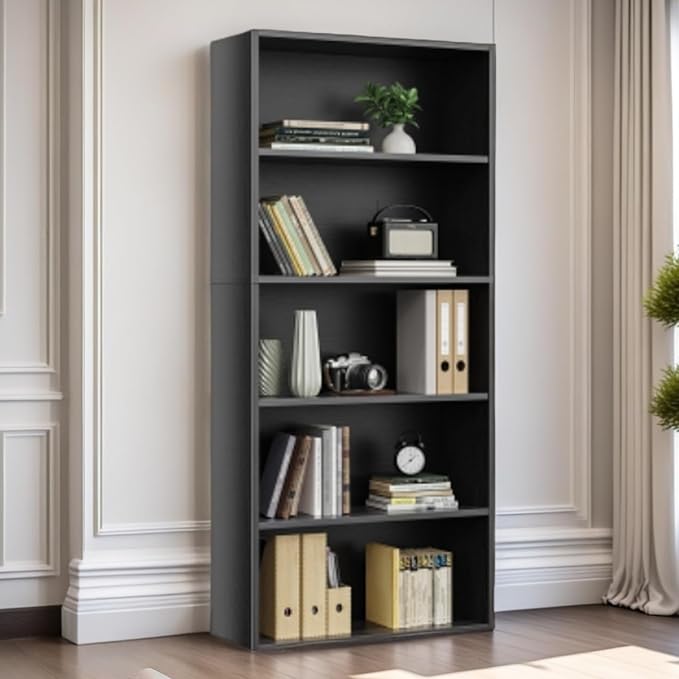 5 Tier Book Shelf, Tall Display Bookcase Modern Wood Bookshelf, 5 Shelf Bookcase Storage Organizer for Garage Kits/CDs/Books/Movies, Black Bookshelf for Home Office Living Room