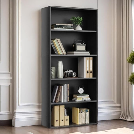 5 Tier Book Shelf, Tall Display Bookcase Modern Wood Bookshelf, 5 Shelf Bookcase Storage Organizer for Garage Kits/CDs/Books/Movies, Black Bookshelf for Home Office Living Room