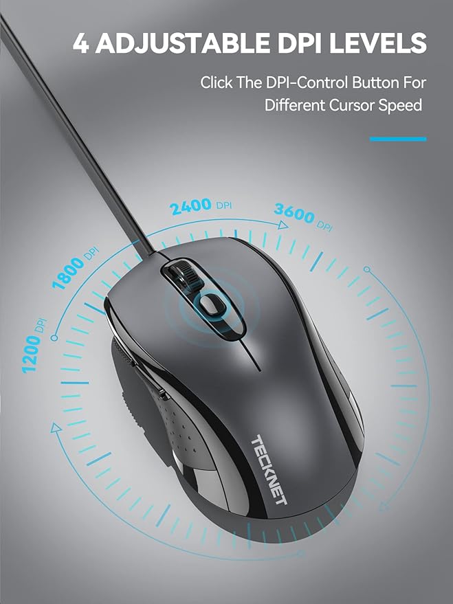 TECKNET Wired Mouse, USB Mouse for Laptop with 6-Button, 3600DPI Optical PC Wired Mice, Home and Office 5FT USB-A Corded Comfortable Mice, Plug & Play (Light Grey)