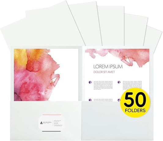 50Pcs White Folders with Pockets and Business Card Holder,2 Pocket Folders for School,Home or Office,Durable Heavy Duty File Folders