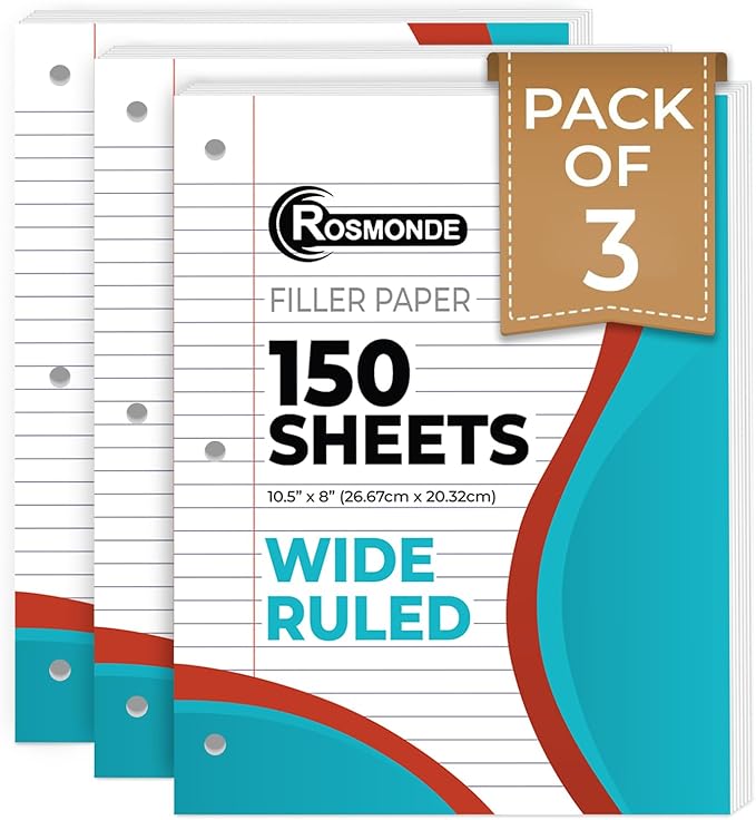 Rosmonde Loose Leaf Paper, 450 Sheets, 3 Pack, 56 gsm Wide Ruled Sheets, 8" x 10.5", Bulk Notebook Paper, 3 Hole Punched, 150 Sheets/Pack, Wide Ruled Paper for Binders, Loose Leaf Office Paper, White