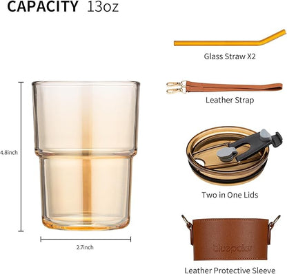 13 oz Tumbler Water Glass, Water Bottle with Straw and Dustproof Lid, Coffee Ice Cup Double Wall Insulated Glass Cup (Amber with Sleeve and Strap)