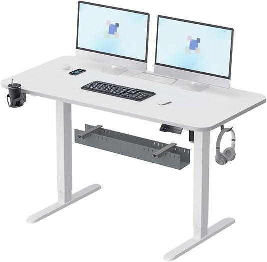 Standing Desk with Cable Management Tray, 55"x24" Electric Height Adjustable Sit Stand Desk, Memory Presets, Anti-Collision, Workstation for Home Office, White Top White Frame