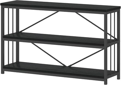 IBF Low Horizontal Book Shelf, Industrial Modern 3 Tier Bookshelf, Farmhouse Short Open Storage Organizer Long Shelf, Simple Wide Wood Metal Sturdy Etagere for Bedroom Living Room, Black Oak, 47 in