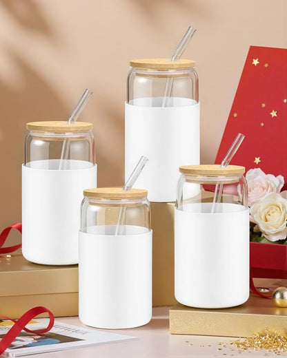 sungwoo Glass Cups with Lids and Straws, 4 Pack 16OZ Iced Coffee Cups with Silicone Sleeve, Glass Tumbler with Straw and Bamboo Lid, Home Essential Drinking Set for Juice, Cocktail and Latte White