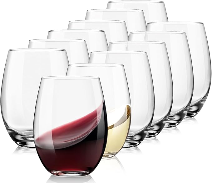 OJA Stemless Wine Glasses Set of 12, 15oz Crystal Red White Wine Glasses, No Stem, Clear, Sturdy Drinking Glass for Daily Use, Birthday, Wedding, Home Party, Anniversary, Shower Gift