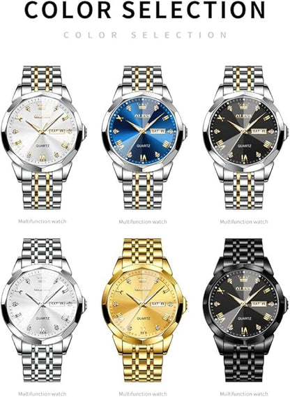 OLEVS Mens Watch Stainless Steel Analog Quartz Watches for Men Day Date Easy Read Diamond Waterproof Dress Luxury Classic Casual Big Face Blue/Black/Gold/Silver Roman Arabic Numerals Men's Wrist Watch