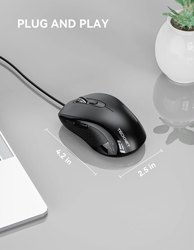 TECKNET Wired Mouse, USB Wired Computer Mice, 3600DPI 4 Adjustable Levels, 6-Button Ergonomic Mouse for Laptop PC Desktop Notebook - Black