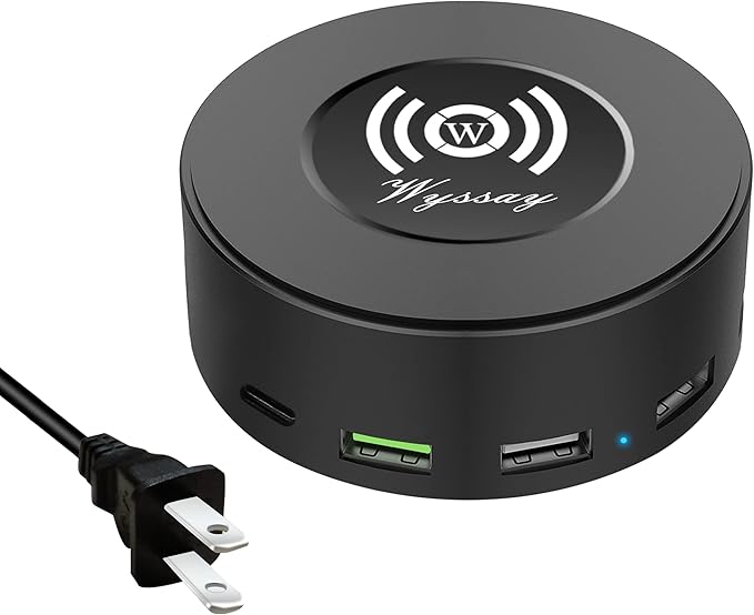 75W 6-Port Desktop Charging Station With Wireless Charger - Type-C, Quick Charge 3.0, 4 USB Ports - Multi Charger Hub for Smartphones and More (Black)