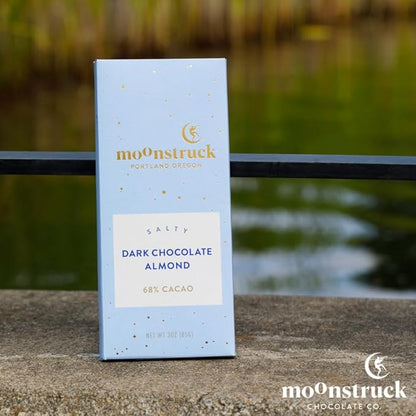 Moonstruck Chocolate Dark Chocolate Bar with Sea Salt and Almonds, 68% Cacao, 3.0oz (Pack of 4)