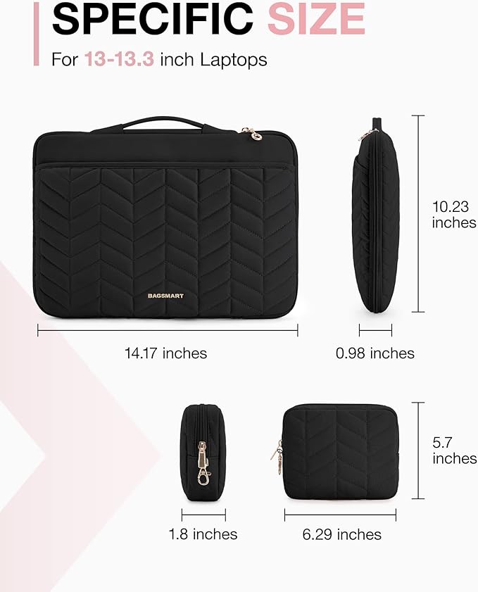BAGSMART 13-14 inch Laptop Sleeve with Handle, Puffy Padded Case Accessories Bag, MacBook Fitted Air Pro 13.3 14 inch, Computer Dell,HP, Black
