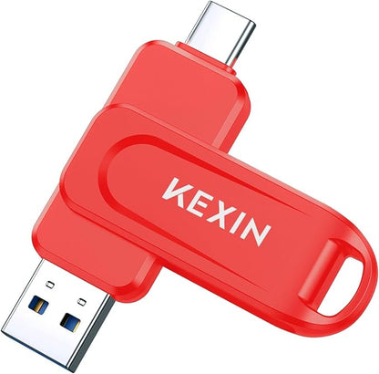 KEXIN Dual 64GB Flash Drive 3.0 USB-A & Type-C Thumb Drive 100MB/s Swivel USB Drive 64GB Memory Stick for Smartphone Tablet iPhone 15/16 Car Game Console, Red