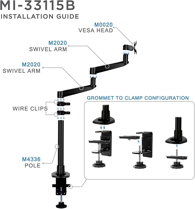 Mount-It! Premium Modular Monitor Desk Mount Arm Stand | Single Tilt Swivel Arm Fits 19 21.5 24 27 32 Inch Computer Screens with 75 100 VESA Patterns | C-Clamp and Grommet Bases | Black