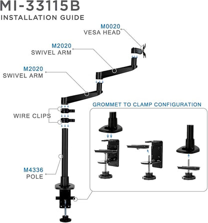 Mount-It! Premium Modular Monitor Desk Mount Arm Stand | Single Tilt Swivel Arm Fits 19 21.5 24 27 32 Inch Computer Screens with 75 100 VESA Patterns | C-Clamp and Grommet Bases | Black