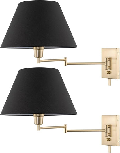 Kira Home Cambridge 15" Modern Swing Arm Wall Lamp - Plug in/Wall Mount + Black Fabric Shade, Cool Brass Finish, 2-Pack