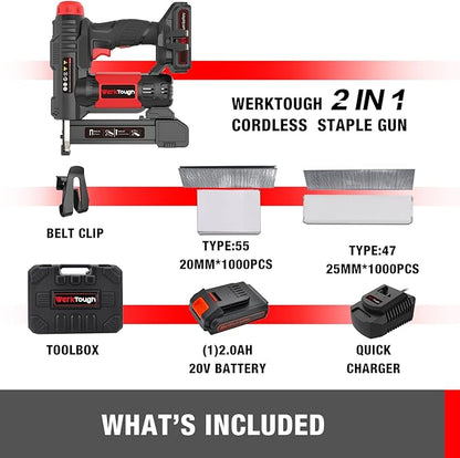 20v Cordless Staple Gun Brad Nailer 2 in 1 Aluminum Metal magzine 1 Hour Fast Charger 2000mA Lithium Battery 2000pcs Free Staples(90 4/5”1000+18GA 1”x1000) in Tool Case