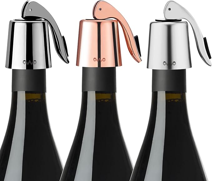 OWO Stainless Steel Wine Bottle Stopper, Reusable Wine Saver with Silicone Seal, Decorative Bottle Sealer, Keeps Fresh (Triple colors, 3 Pack)