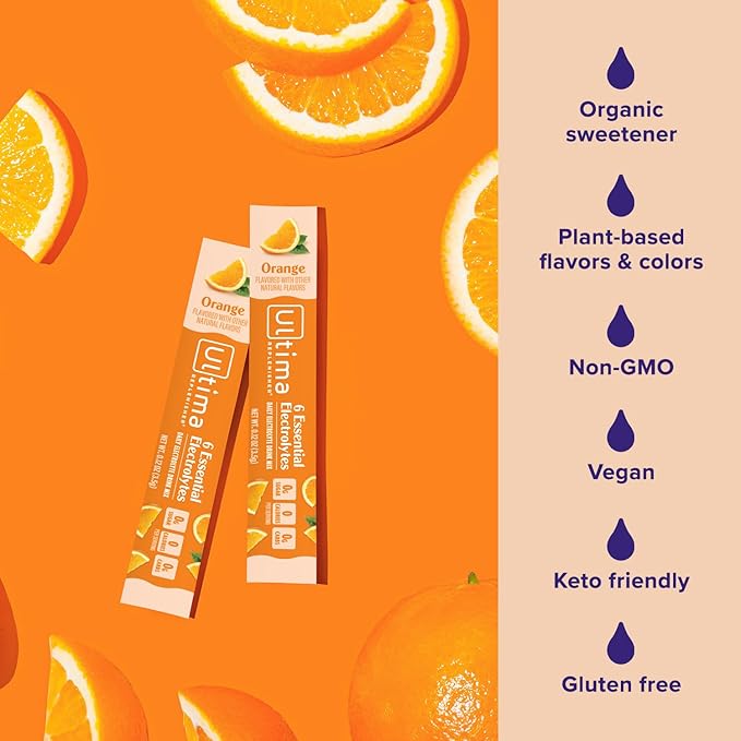 Ultima Replenisher Daily Electrolyte Powder Drink Mix –Sugar Free – Orange, 20 Stickpacks – Hydration Packets with 6 Key Electrolytes and Trace Minerals – Keto Friendly, Vegan, Non-GMO