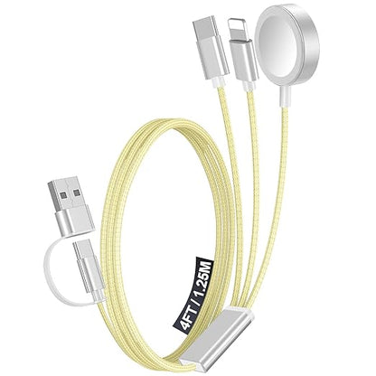 1Pack Multi Charging Cable Cord for Travel Essentials,Apple Watch Charger,iPhone Charger,[3-in-2] Type C/Lightning Cable Portable Designed for iWatch,iPhone 17-8,Galaxy S25-21,AirPods,iPad-4FT Yellow