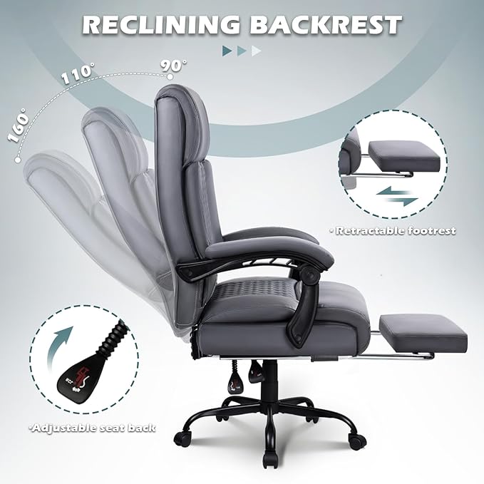 Big and Tall Office Chair with Foot Rest 400lbs, Heavy Duty Executive Leather Office Chair for Heavy People, Grey High Back Ergonomic Comfy Office Desk Chair with Lumbar Support and Footrest
