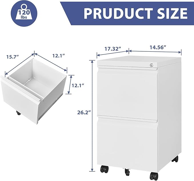 2 Drawer File Cabinet with Lock，Locking Filing Cabinet Under Desk,Rolling File Cabinets for Home Office/Legal/Letter Size,Fully Assembled,White