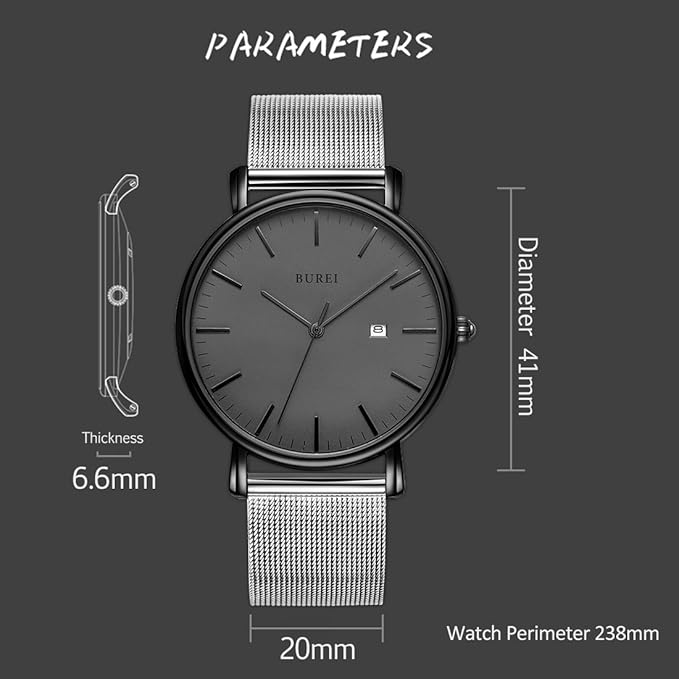 BUREI Men Watches Brown Leather Fashion Minimalist Wrist Watch Simple Ultra Thin Waterproof Quartz Watches All Black Stainless Steel Mesh Band,Gift for Men Women