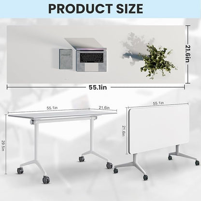 Conference Table Folding Conference Room Tables, Modern Mobile Meeting Training Table with Silent Wheels, Foldable Seminar Table for Offices, Classrooms, Libraries (6, White, 55.1in)