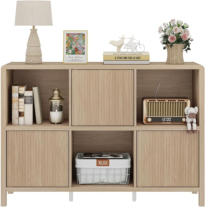 FATORRI 6 Cube Horizontal Bookshelf with 3 Doors, Modern Wood Book Shelf with Storage, Low Cubby Bookcase for Home Office (Light Walnut)