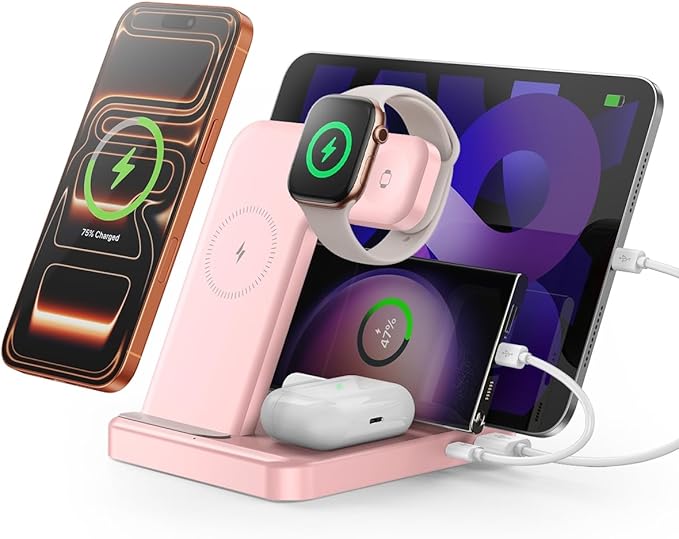 Intoval 5-in-1 Charging Station, for iPhones 17/17 Pro/17 Pro Max and Androids, iPad Pro/Air/Mini, Apple Watch 11/Ultra 3/Ultra 2/Ultra/10/9/8/7/SE, Wireless Charging Dock for Multiple Devices (Pink)