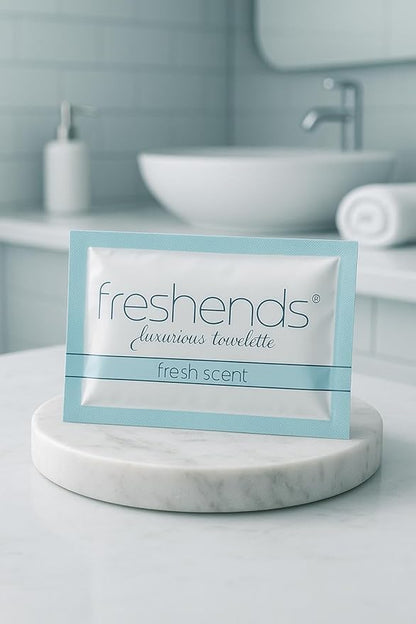 Freshends Flushable Individually Wrapped Wipes – 100 Bulk Pack Luxurious Towelettes, Guest Bathroom Essentials for Weddings, Restaurants, Bars & Clubs – Olive, Travel-Size, Disposable