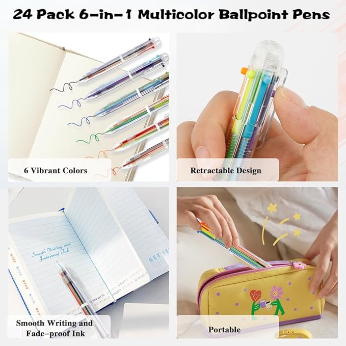 24 Pack Multicolor Pen 0.5mm 6-in-1 Multicolor Ballpoint Retractable Colored Pens for School Office Supplies Birthday Party Favors for Kids Students Christmas Gift Stocking Stuffers for Teachers