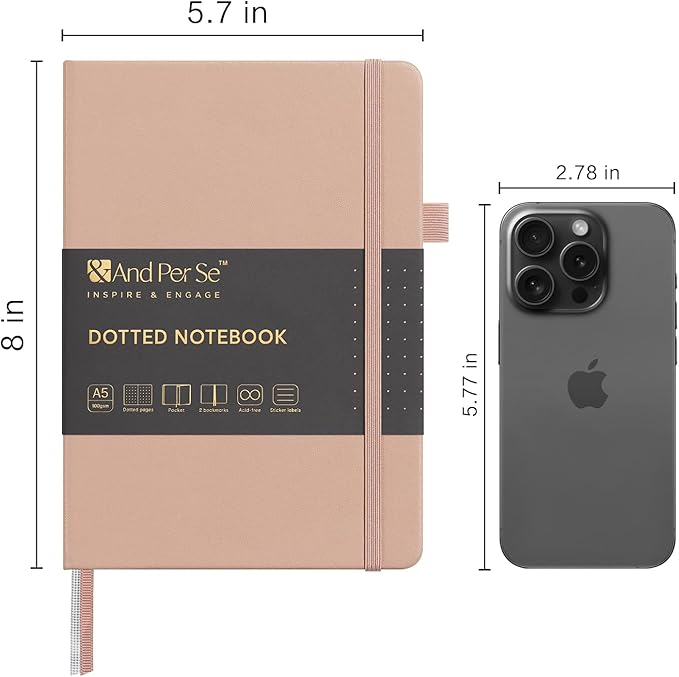 , A5 Hardcover Leather Bullet Dotted Journal, 160 Pages 100 gsm Thick Paper，3 Sheets of Stickers Included - 5.7'' x 8''（Apricot）