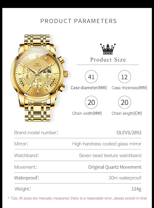 OLEVS Men's Luxury Watch Waterproof Luminous Easy Read Chronograph Watches Full Gold/White Dail/Black Face with Calendar Wristwatch