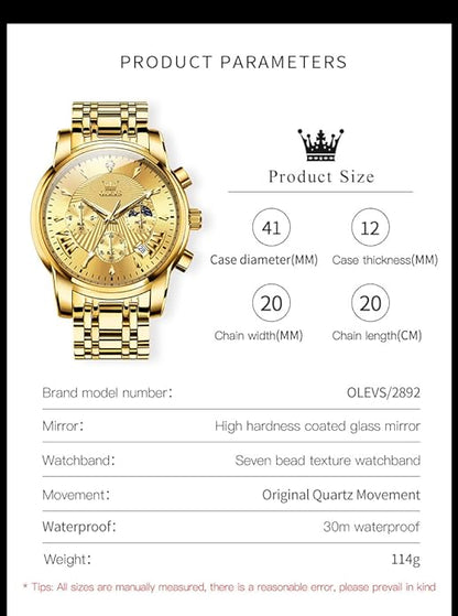 OLEVS Men's Luxury Watch Waterproof Luminous Easy Read Chronograph Watches Full Gold/White Dail/Black Face with Calendar Wristwatch