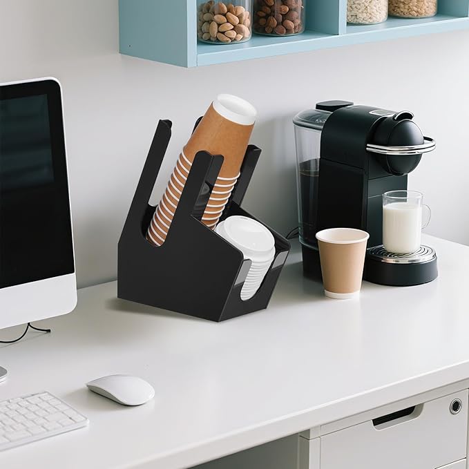 MYITYARD Coffee Station Organizer for Countertop, Acrylic Cup and Lid Dispenser Fit Disposable Paper and Plastic Cups, 2 Compartments Coffee Bar Accessories for Office Breakroom, Home, Kitchen