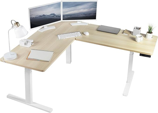 VIVO Electric Height Adjustable 67 x 60 inch Corner Stand Up Desk, 2 Light Wood Solid Table Tops, White Frame, Memory Controller, L-Shaped Workstation, 3E Series, DESK-KIT-3E6C