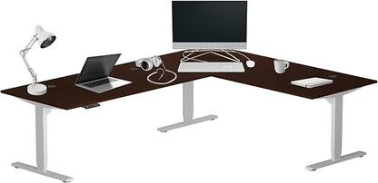 Progressive Desk Stand Up Height Adjustable Standing Desk - L Shaped 85" x 72" Corner Computer Rising Workstation Electric Table - Gray Frame, Roasted Walnut Top