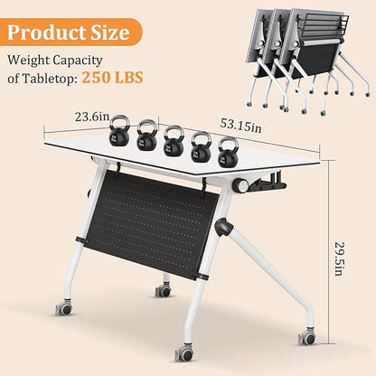 Conference Table,Folding Rectangle Meeting Table for 12 People,55.1in Rolling Training Business Tables,Mobile Conference Room Tables with Wheels,Foldable Modern Seminar Tables for Office,Meeting Room
