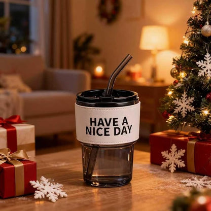 13oz/400ml Christmas Glass Water Tumbler with Straw and Lid Sealed Carry On Thick Wall Iced Coffee Cup Glass Cup for Water, Iced Tea Fruit Juice Etc (Have a nice day)