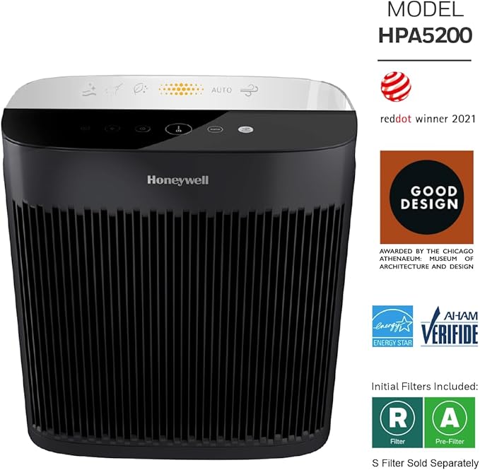 Honeywell HEPA Air Purifier for Home, 1733 Ft² Rooms in 1 hour, Air Quality Indicator, Auto Mode, Reduces Allergens, Dust, Pollen, Smoke, Pet Dander, Odors, Black, HPA5200