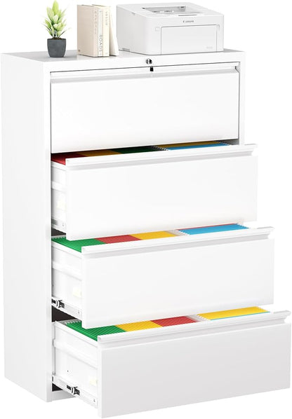 Greenvelly 4 Drawer File Cabinet with Lock, Lateral Filing Cabinets for Home Office, Lockable Metal Lateral File Cabinet, Wide Office File Cabinets with Hanging Files&Key for Letter/Legal/F4/A4