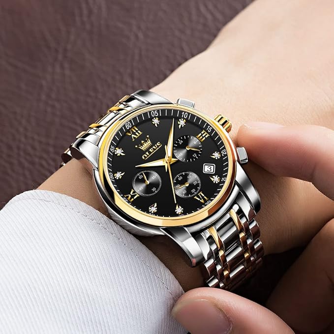 OLEVS Men's Stainless Steel Chronograph Watch, Big Face Gold Silver Black Tone Easy to Read Analog Quartz Watch, Luxury Waterproof Date Diamond Roman Arabic Numerals Dial Dress Watch for Men