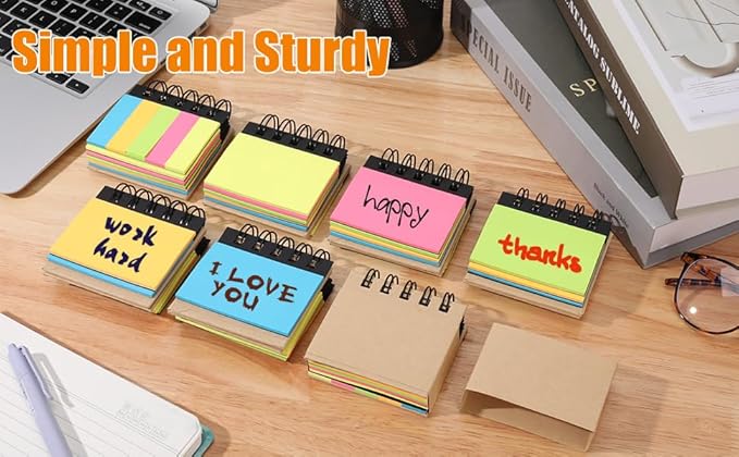RHAWOM 8 Pads Spiral Notepad,3 x 3.5 Kraft Cover Mini Notebook with 2X 3 inches Sticky Notes and Page Marker，250 Counts/Pad Gift for Student