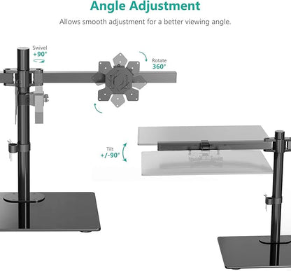 WALI Free Standing Dual Monitor Stand, Height Adjustable Monitor Mount with Glass Base, Fits LCD LED Flat Curved Screen up to 27 inch, 22lbs, with Grommet Base (GMF002)